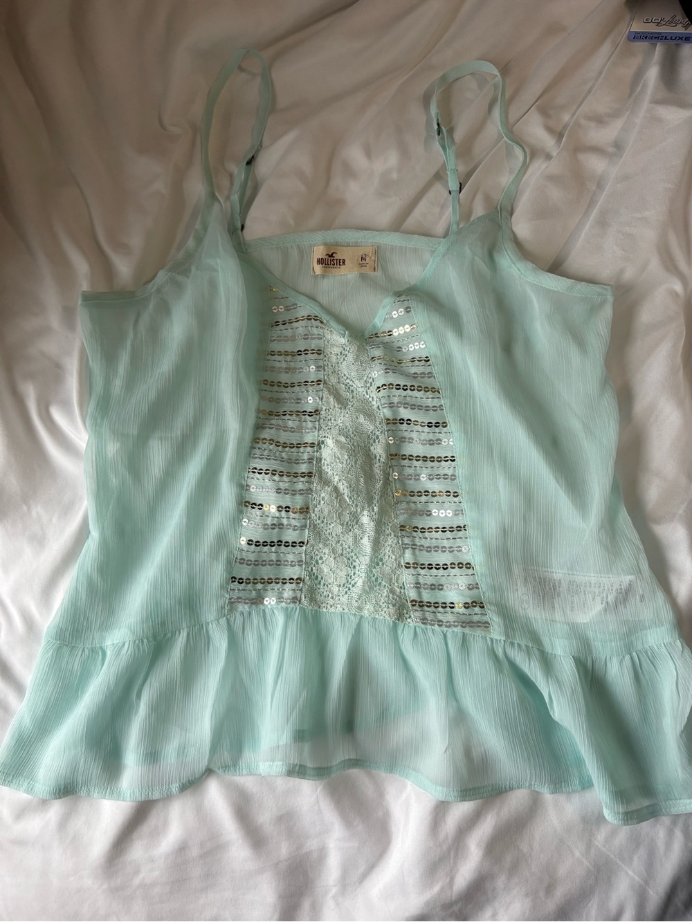Hollister Mint Green Sequin Lace Ruffle Cami Top